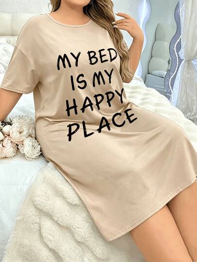 Plus Size - Large Size Letter Print Nightgown, Short-Sleeved Round-Neck Pajama Dress, Women's Pajamas And Dresses - 1XL-5XL
