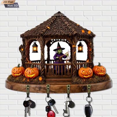 2D Flat Wooden Wall Key Holder, Halloween Witch Gazebo Lantern Print Key Rack With 4 Metal Hooks, No-Drill Horror Entryway Decor Storage Organizer
