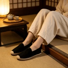 Summer Breathable Straw Woven Casual Shoes Solid Color Basic Fabric Woven Loafers For Outdoor Home Beach - Black - View 3