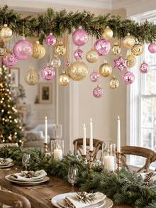 44p/Set Pink & Gold Glitter Christmas Ball With Texture,Assorted Baubles With Hooks,Pink & Gold Texture Designs For Xmas Tree Decor,New Year's Celebrations,Outdoor Decorations,Festive Atmosphere With These Christmas Ornaments - Rose Gold Christmas Ornament - View 3