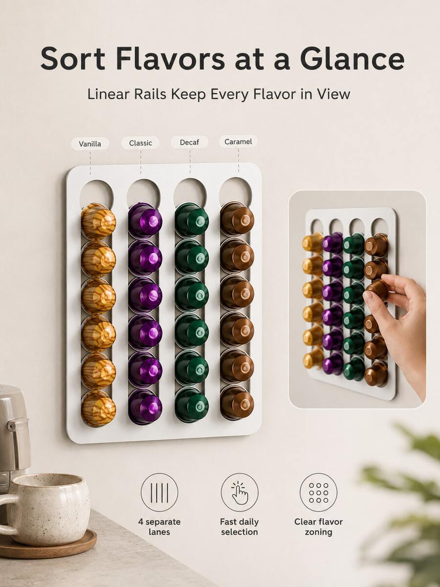 3/1pc Modern Magnetic Coffee Capsule Storage Rack, Minimalist Drill-Free Wall-Mounted Panel, Premium Metal Material, Coffee Capsule Storage Rack, Suitable For Refrigerator, Kitchen Decor, Coffee Station, Can Store 24 Capsules