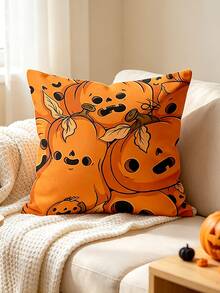 1pc Digital Print Pillow Covers, Cushion Covers, Cute Cartoon Pumpkin Ghosts With Leaves Playful Fun Halloween Home Decor (Excluding Pillow Core) - Multicolor - View 1