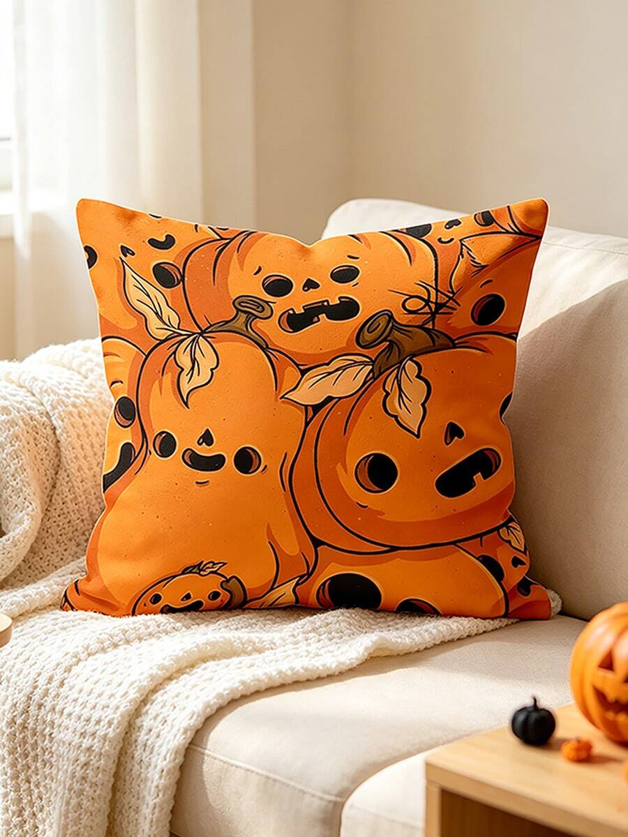 1pc Digital Print Pillow Covers, Cushion Covers, Cute Cartoon Pumpkin Ghosts With Leaves Playful Fun Halloween Home Decor (Excluding Pillow Core) - Multicolor - View 1