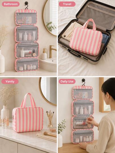 Travel Toiletry Bag, Multi-Layer Hanging Makeup Organizer, Vertical Stripe Smooth Zipper With Convenient Handle, Large Capacity Elegant Travel Cosmetic Bag, Suitable For Travel Toiletry, Business Trip, Daily Use, Back To School, Halloween Gift