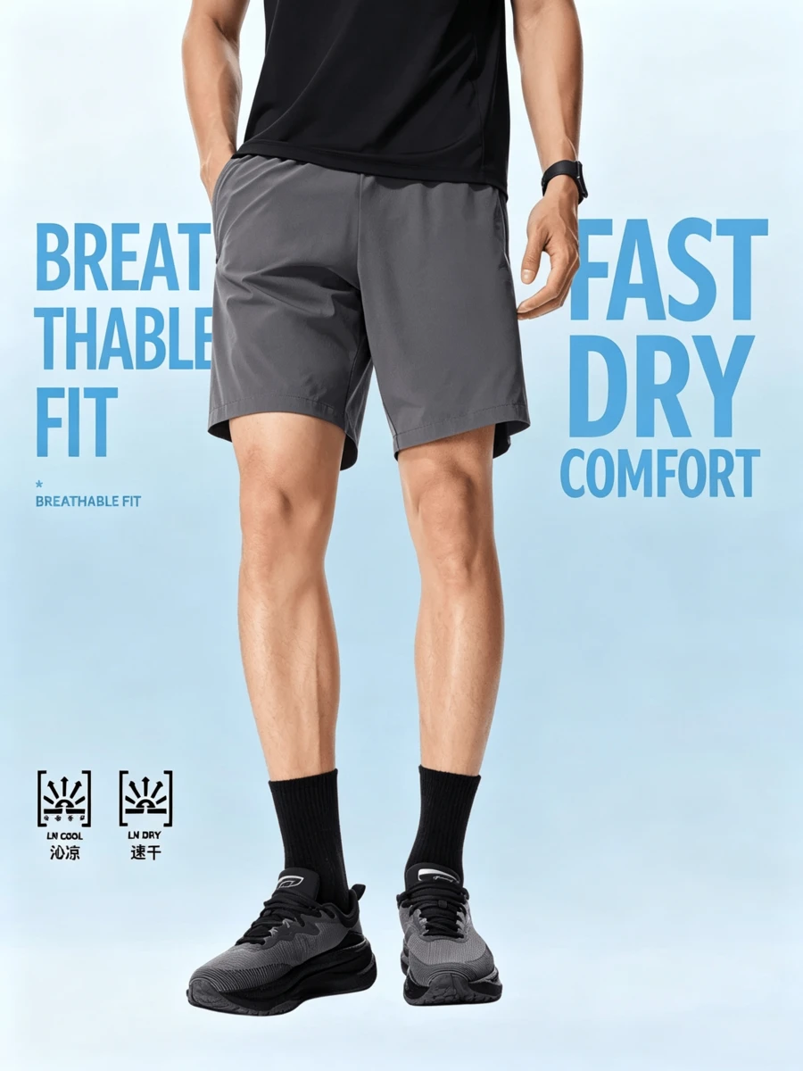Celana Pendek Olahraga Lari/Latihan Pria LI-NING AKSW321 dengan Bahan Elastis, Bernapas, dan Nyaman untuk Pria - Batu kapur meteorit - View 1