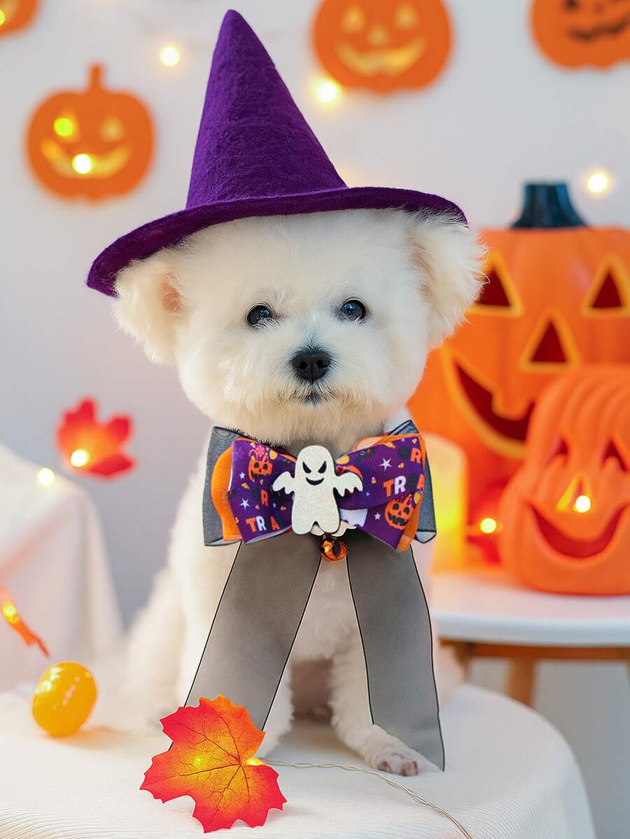 1pc Pet Accessory Dog Cat Small Dog Puppy Happy Puppy Teddy Bichon Pomeranian Cute Casual Fashion Accessory Halloween Gauze Collar - Ghost - Multicolor - View 1
