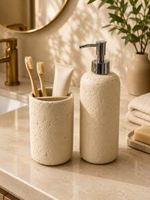 2pcs Set Faux Cave Stone Texture Resin Bathroom Accessories Set, Includes Soap/Lotion Dispenser And Divided Toothbrush Holder, Beige Stone Pattern Countertop Storage Rack, Suitable For Bathroom Sink, Washbasin, Guest Bathroom, Apartment, Hotel, Spa Center And Modern Minimalist Home Decor - New Model - View 7
