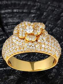 1pc Luxury 14K Gold Plated Yellow Flower Heart-Shaped Four-Prong Round Geometric Couple Ring For Women, Suitable For Daily Commute, Engagement Gift, Party Jewelry - Yellow - View 4