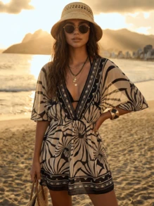 CAJUNI 女款V領收腰中袖露背綁帶度假洋裝兼外罩衫，海灘花卉印花，春夏黑色 - 黑色 - 查看 5