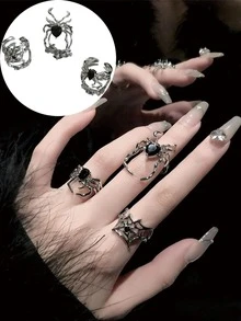 3pcs Silver Dark-Style Spider-Shaped Open Ring Set, Gothic Wedding Accessory, Halloween Decoration, Birthday Gift, Suitable For Gifting. - Multicolor - View 1