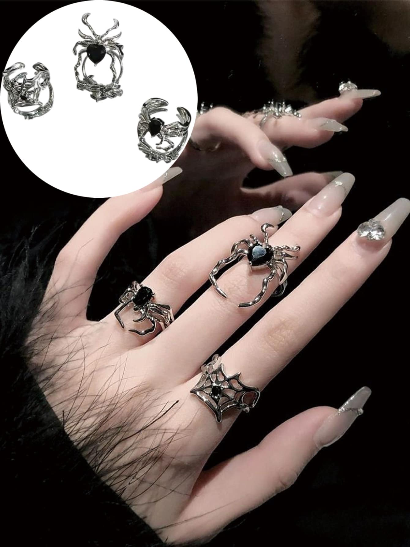 3pcs Silver Dark-Style Spider-Shaped Open Ring Set, Gothic Wedding Accessory, Halloween Decoration, Birthday Gift, Suitable For Gifting. - Multicolor - View 1
