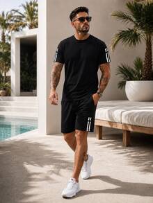 2pcs/Set Men's Unique Striped Print Summer Outfit, Including Round Neck Short Sleeve T-Shirt And Sports Shorts With Pockets And Drawstring - Black - View 4