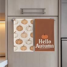 2件裝復古暖咖啡色Hello Autumn南瓜圖案廚房抹布，40*60cm柔軟超細纖維材質茶巾，適用於居家廚房、餐廳、戶外露營桌面清潔、洗碗布、手巾配件，節日禮物 - 彩色 - 查看 4