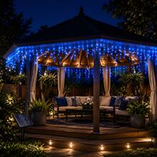 2pcs Solar Powered Blue Icicle String Lights, Outdoor Solar Powered Curtain Fairy Lights, 8 Flashing Modes, Auto On/Off, Blue LED Hanging Lights, Suitable For Garden, Yard, Fence, Eaves, Porch, Holiday Party Decoration - Blue - View 10