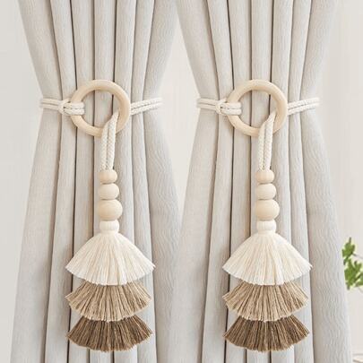 2pc Boho Macrame Tassel Curtain Holdback, Hand Knitted Braided Curtain Tie Rope With Wooden Bead & Circular Ring, Multi Color Elegant Window Curtain Buckle Decor Ornament For Farmhouse Modern Interior Decoration