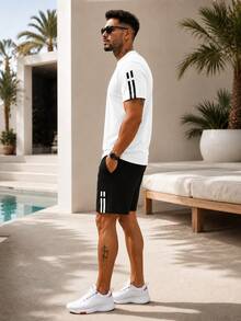 2pcs/Set Men's Unique Striped Print Summer Outfit, Including Round Neck Short Sleeve T-Shirt And Sports Shorts With Pockets And Drawstring - White - View 7