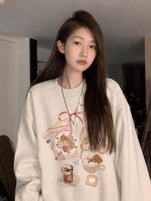 女款白色與灰色慵懶時尚圓領衛衣，秋季卡通印花寬鬆薄款無帽上衣，休閒風 - 花灰色 - 查看 2