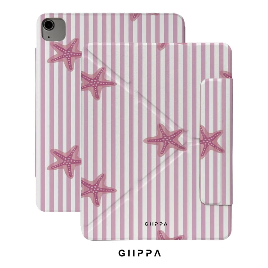 GIIPPA 1件粉色與白色垂直條紋淺粉色海星印花保護殼，磁吸可拆卸Y型折疊防震保護套附筆槽，適用於iPad Mini 6/7、Air 2/3/4/5/11/13" (M2/M3 2024-2025)、5/6/7/8/9/10/11代、Pro 10.5/11/12.9" (2017-2025)，適合情人節、返校季、辦公室、聖誕節、萬聖節、感恩節假期，送給女友的最佳禮物，完美的婚禮伴手禮