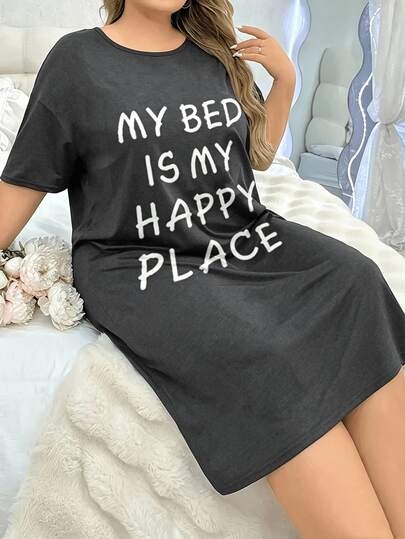Plus Size - Large Size Letter Print Nightgown, Short-Sleeved Round-Neck Pajama Dress, Women's Pajamas And Dresses - 1XL-5XL