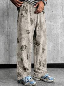 Krometka Men's Colorblock Patchwork Wide Leg Sweatpants, American Vintage Distressed Newspaper Fragment Print, Drawstring Elastic Waist Retro Sport Street Loose Casual Long Pants - Apricot - View 4