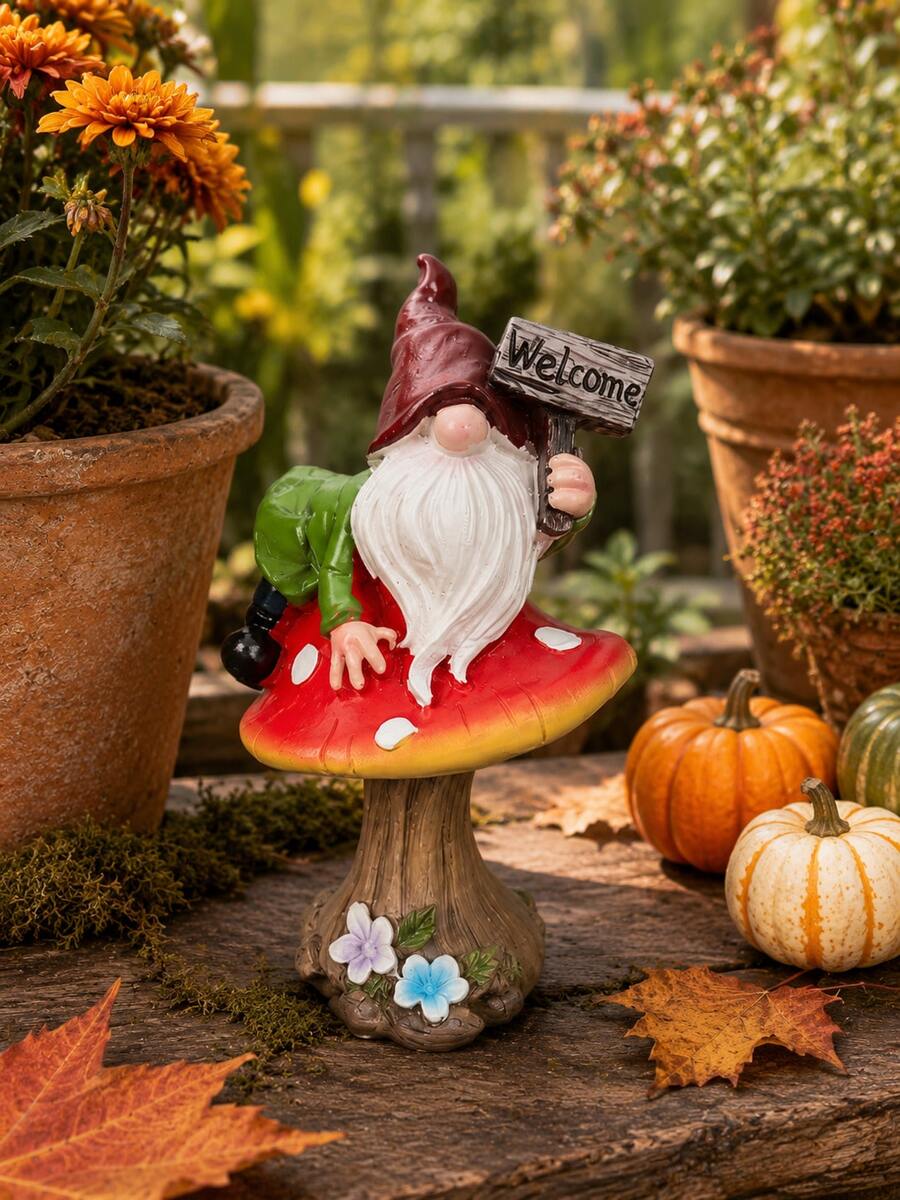 Autumn Garden Gnome Mushroom Decor, Harvest Outdoor Figurine With Welcome Sign, Cute Fairy Garden Statue, Patio Yard Lawn Planter Decoration, Thanksgiving Pumpkin Garden Decor Gift - 1PC - View 1