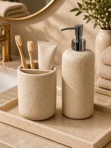 2pcs Set Faux Cave Stone Texture Resin Bathroom Accessories Set, Includes Soap/Lotion Dispenser And Divided Toothbrush Holder, Beige Stone Pattern Countertop Storage Rack, Suitable For Bathroom Sink, Washbasin, Guest Bathroom, Apartment, Hotel, Spa Center And Modern Minimalist Home Decor - New Model - View 2