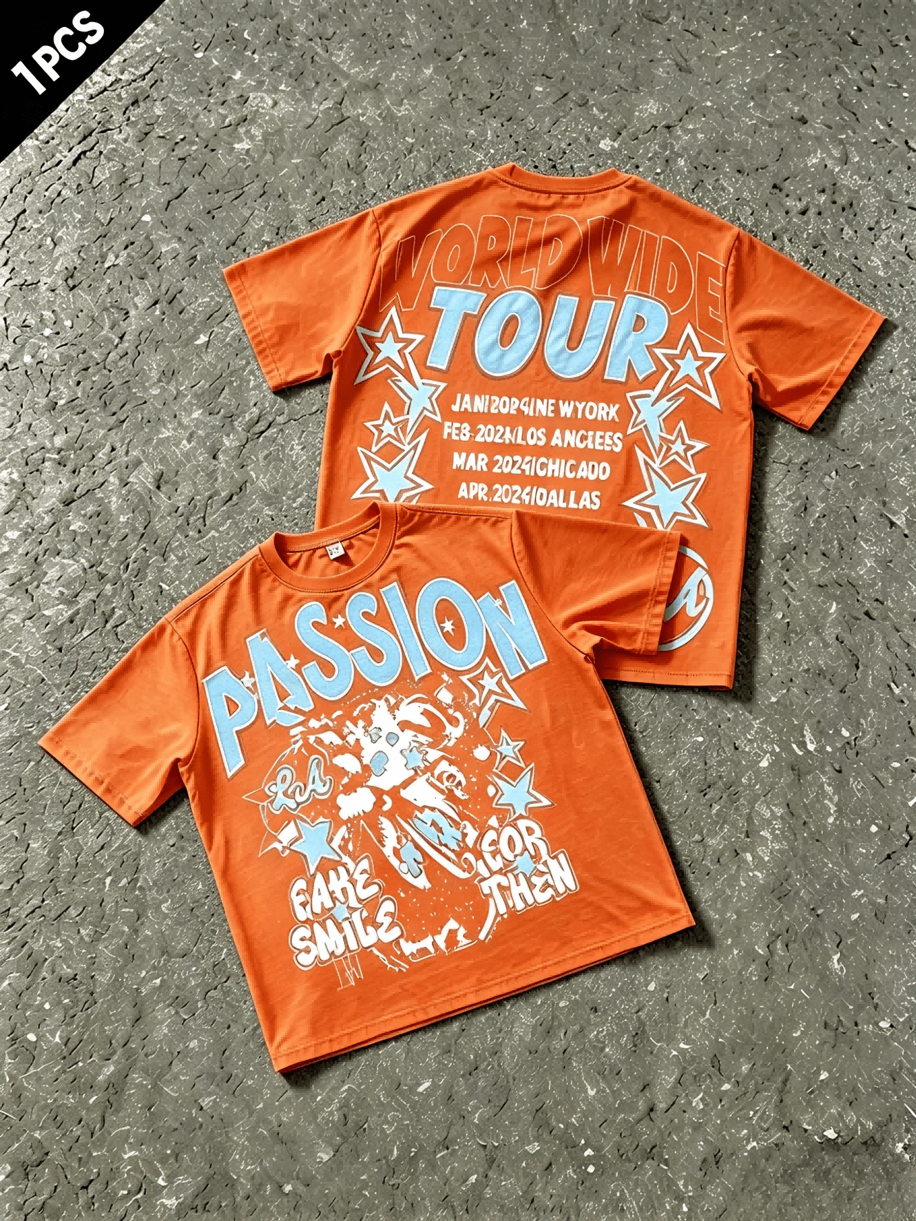 Men's Letter & Star Graphic Loose Round Neck Short Sleeve T-Shirt, World Tour T-Shirt-Premium Cotton Graphic Printed Round Neck T-Shirts - 橘色 - 查看 1