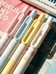 4pcs Polka Dot/Solid Color/Star Pattern Retractable Gel Pens, Highly Attractive Ins Style, Quick-Dry Black Ink Pens For Students And Exams, Back To School Essentials - Little Pudding Pen - View 4