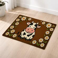 1pc Dark Brown Background White Daisy Surrounded Cartoon Cow Doormat, Farmhouse Childlike Pastoral Style Flannel Material Rectangular Rug, High-Definition Print Fine Edge Locking Anti-Slip Absorbent Foot Mat, Suitable For Entryway, Kitchen, Dining Room, Bathroom, Hallway, Balcony, Bedroom Home Decor - Multicolor - View 7