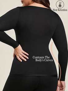 1pc Women Plus Size Mask-Sense Ultra-Thin Thermal Top, Heat Retention Fall Winter Base Layer, Slim Lightweight Skin-Friendly Long Sleeve Undershirt - Black - View 2