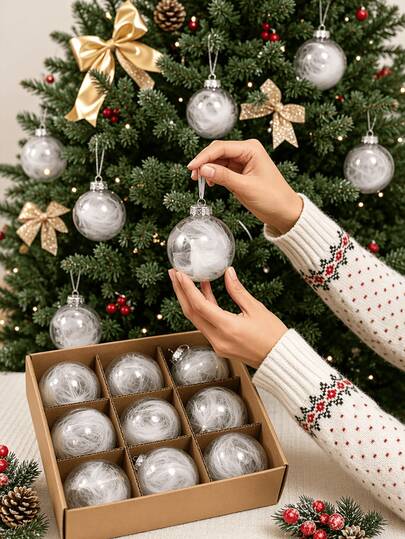 9pcs/Set White Transparent Christmas Ball Ornaments With Filled Feathers, Aesthetic Christmas Tree Hanging Decor, Elegant Holiday Party Decoration, Reusable Transparent Christmas Ball Decoration
