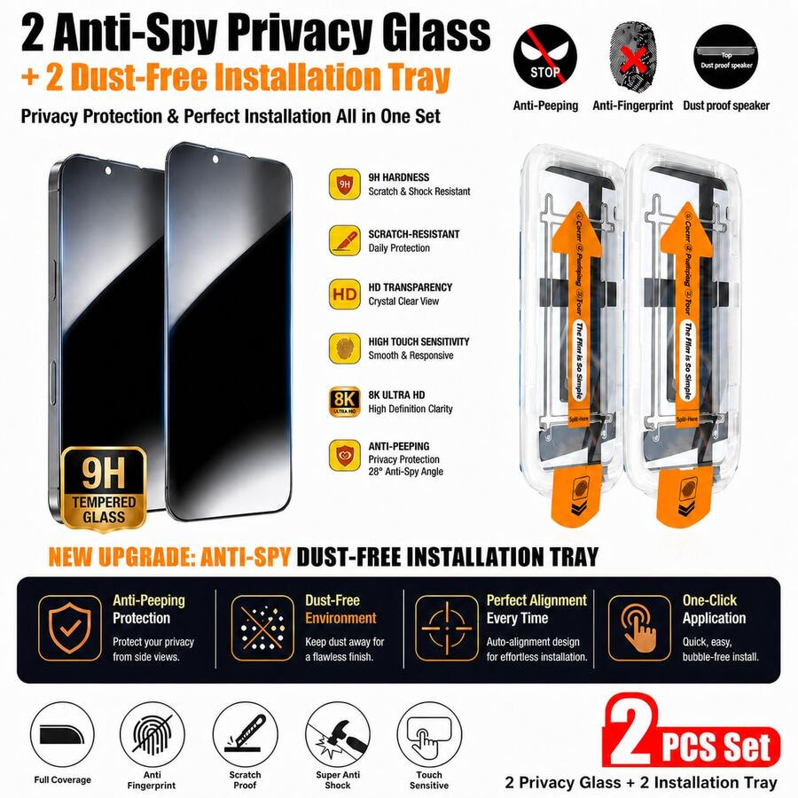 Yezodawee 2片裝防窺鋼化玻璃螢幕保護貼,附自動對位安裝套件,相容 iPhone 17 Pro Max/17 Air/17e/16 Pro Max/16e/15 Pro Max/14 Plus/13 Pro Max/12 Pro/11 Pro Max/Xs Max 等機型,全螢幕覆蓋、防指紋、防摔 - 黑色 - 查看 1