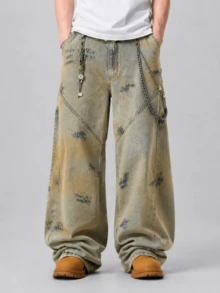 1 buah Celana Jeans Model Barrel Leg Patchwork Desain Amerika Vintage dengan Motif Lumpur dan Lukisan Tangan (Produk Tidak Termasuk Sabuk dan Aksesoris) - Kuning - View 1