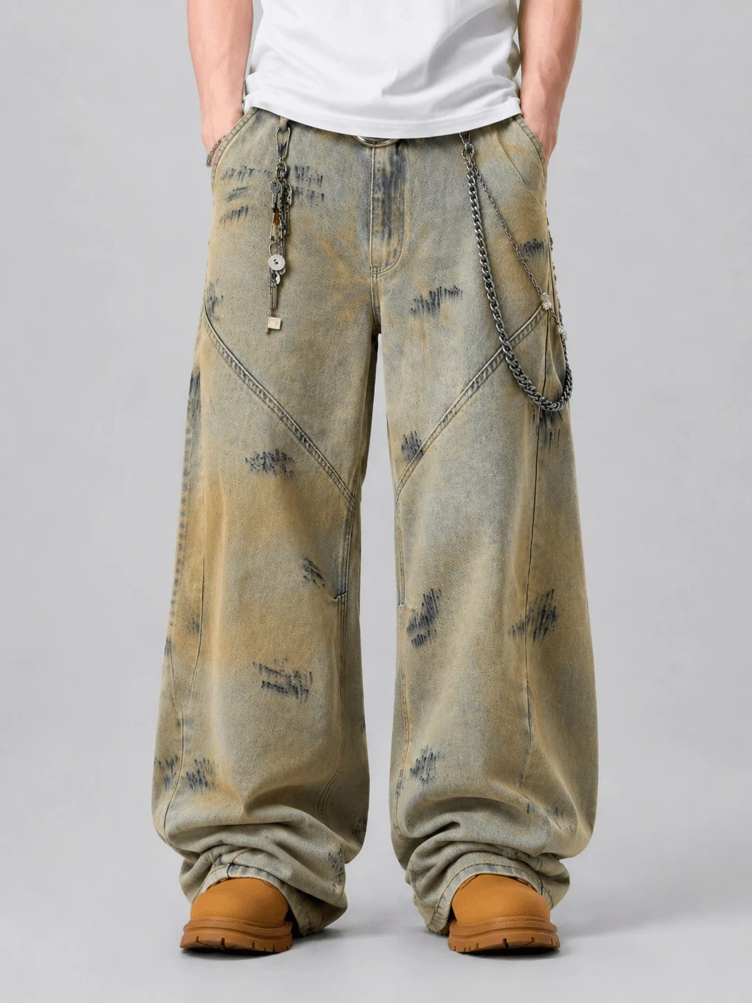 1 buah Celana Jeans Model Barrel Leg Patchwork Desain Amerika Vintage dengan Motif Lumpur dan Lukisan Tangan (Produk Tidak Termasuk Sabuk dan Aksesoris) - Kuning - View 1