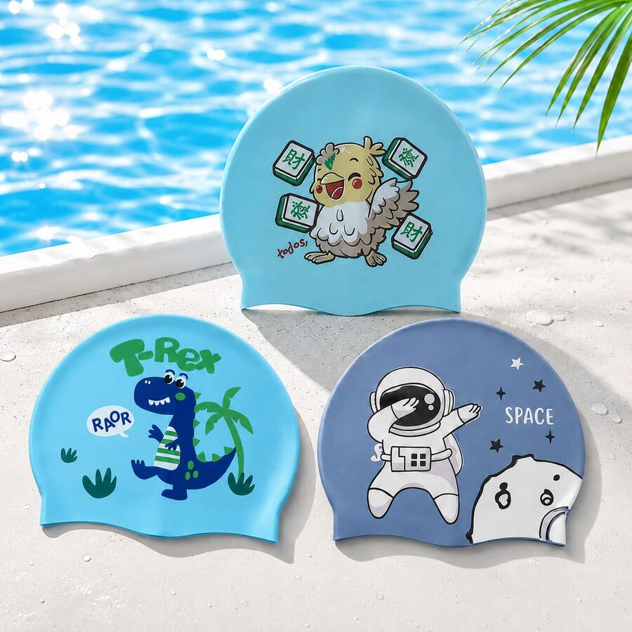 Children's Cartoon Print Silicone Swim Cap, Dinosaur Astronaut Bird Pattern, High Elasticity Snug Fit Unisex Kids Swimming Cap, B, First Day Of School - Blue - View 1