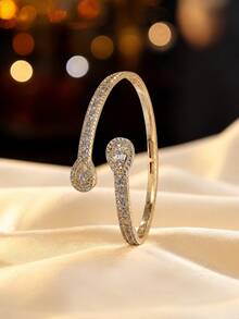 1pc Luxury Double Pear-Shaped Water Drop Open Cuff Bracelet, Hollow Water Drop Design, Elegant Women's Daily & Evening Wear Thin Bangle - Bracelet - View 5