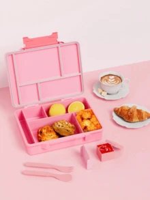 Cute Pink Bento Box Set With Spoon, Fork And Sauce Container, Multi-Compartment Leak-Proof Large Capacity Food Container, Suitable For School Cafeteria Picnic Portion Control Box, Back To School Gift - Multicolor - View 5