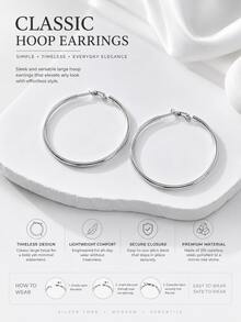1 Pair Minimalist Premium Modern Light Luxury French Vintage Niche Commuter Cold Style Simple Crisp 316 Stainless Steel Silver Large Hoop Polished Round Ear Cuffs Earrings For Women, Daily Commute, Office, Dating, Party, Wedding, Evening Banquet, Vacation, Bestie Gathering, Graduation Season, Anniversary, Christmas, Valentine's Day, Mother's Day Gift, Casual Outing, Vintage Market, Artistic Store Visit - Silver - View 5