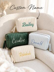 Embroidered Name Cosmetic Bag,Customized Corduroy Cosmetic Bag,Sanitary Napkin Storage Bag,Personalized Women's Gift,Travel Case,Bridesmaid Gift - Multicolor - View 6