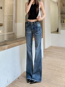 YEAE | Designer Gradient Non-Clinging Flared Jeans Women 2025 New Style Stretch Slimming Floor-Length Bell Bottom Pants Casual Fall - Medium Wash - View 4