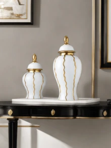 1PC White & Gold Wavy Striped Ceramic Vase Set, Modern Luxury Decorative Flower Vases For Living Room Table Home Decor - Watermelon Pattern General Jar - View 9