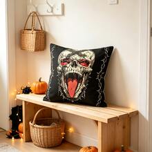 1pc Digital Print Pillowcase/Cushion Cover, Cool Rock Punk Style Skull With Tongue And Spiked Chain Pattern, Halloween Home Decor (Pillow Insert Not Included) - Multicolor - View 11