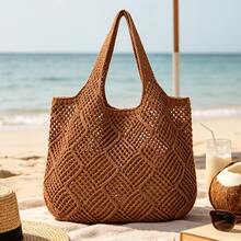 Large Capacity Hollow Knitted Tote Bag, Women's Lightweight Breathable Solid Color Woven Handbag, Suitable For Beach Travel Holiday Vacation Essentials - Brown - View 3