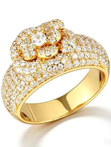 1pc Luxury 14K Gold Plated Yellow Flower Heart-Shaped Four-Prong Round Geometric Couple Ring For Women, Suitable For Daily Commute, Engagement Gift, Party Jewelry - Yellow - View 3