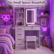 Vanity Desk Set With LED Lighted Mirror, Cute Y2K Makeup Vanity Table With Lockable Storage Drawer, Open Shelves & Matching Stool, Aesthetic Dressing Table For Girls Teens Women, Space Saving Bedroom Dorm Furniture, Perfect Gift For Her - White - View 3