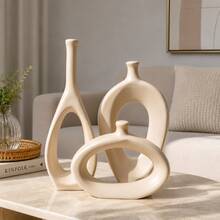 Trio Of Stylized Vases - 3 Minimalist Ceramic Decorative Vases Decoration For Bedroom, Living Room, Rack, Office, Sideboard - 摩卡棕 - 查看 1
