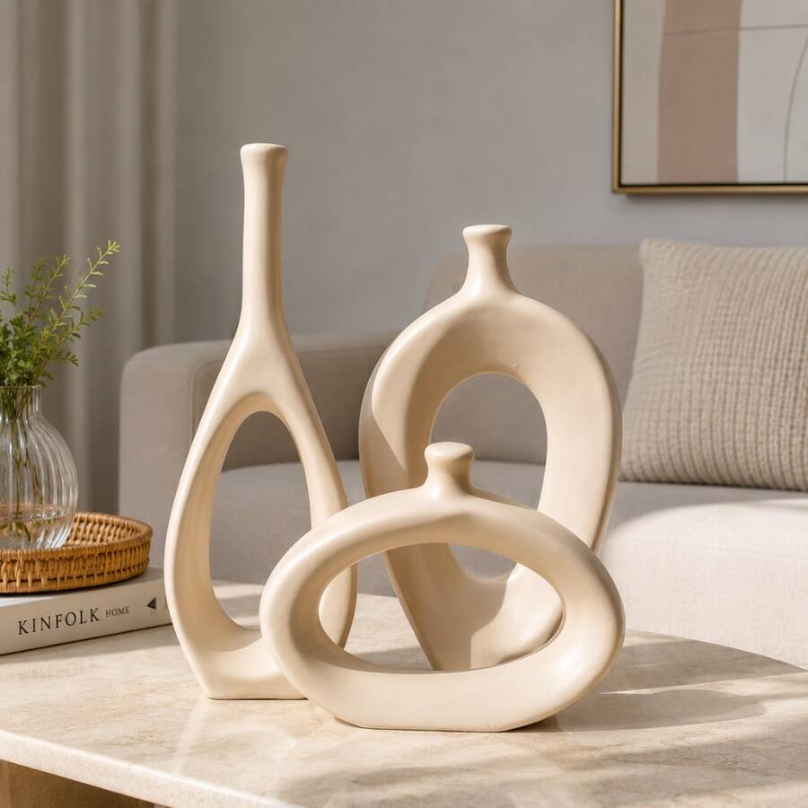 Trio Of Stylized Vases - 3 Minimalist Ceramic Decorative Vases Decoration For Bedroom, Living Room, Rack, Office, Sideboard - 摩卡棕 - 查看 1