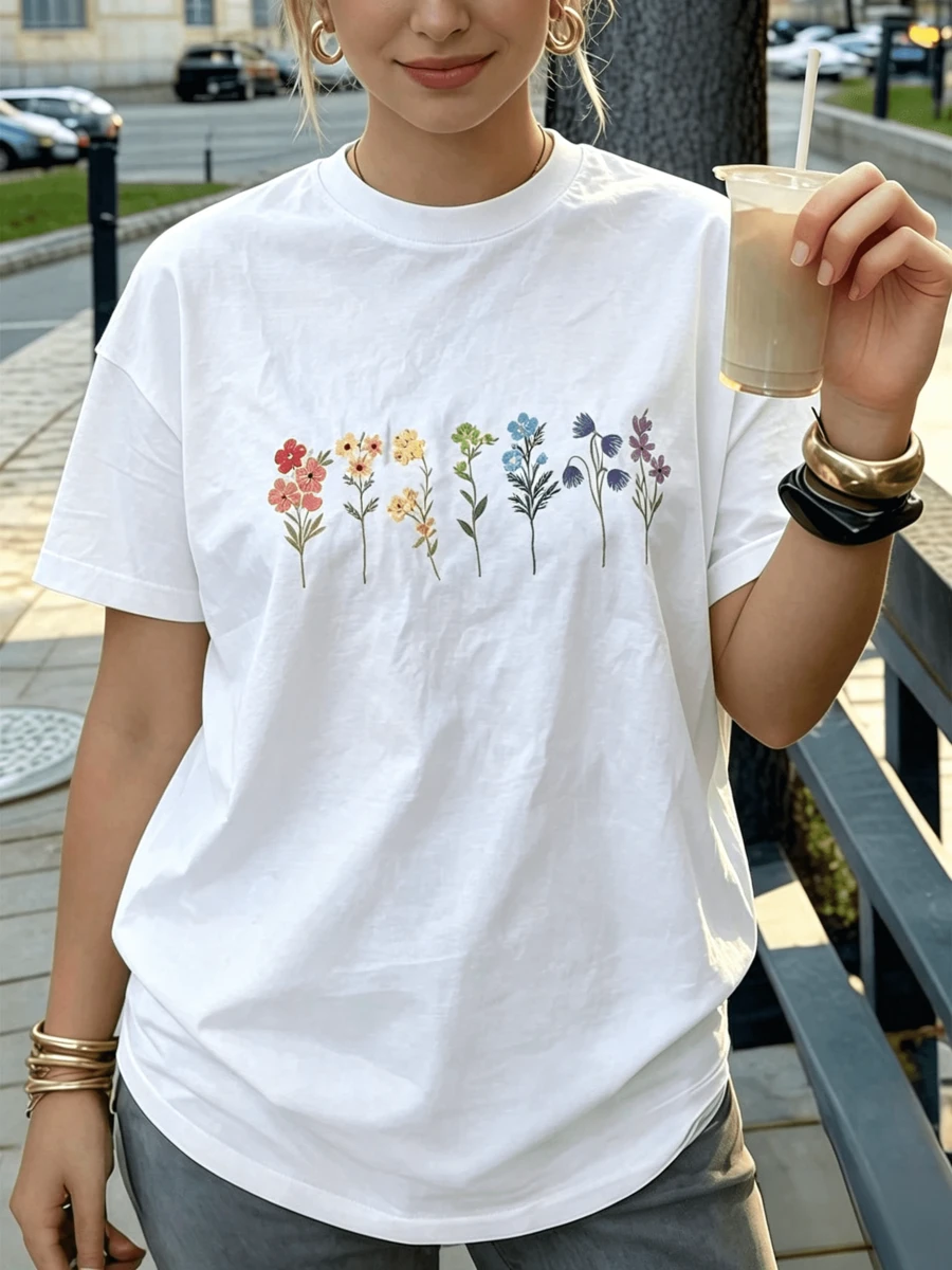 Women's Short Sleeve Crew Neck Shirt - Floral Print, Vibrant Botanical Design, Machine Washable And Breathable For Spring & Summer, Casual Fit T-Shirt - 白色 - 查看 1