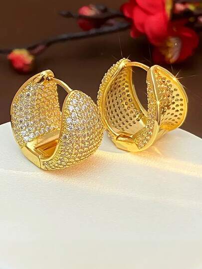1 Pair Women's Luxury Cubic Zirconia Earrings, Copper Material, Minimalist Elegant Commuter Business Style, High-End Fashion Textured Ear Jewelry