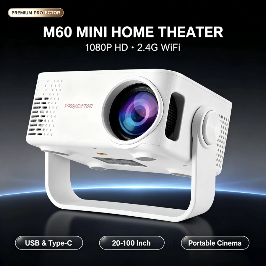 M60 Mini Projector, Supports 1080P Resolution With 2.4G WiFi. Equipped With USB & Type-C Ports, Portable Home Theater Projector, Projection Size Ranges From 20 To 100 Inches.